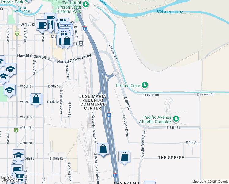 map of restaurants, bars, coffee shops, grocery stores, and more near 550 Rio Vista Drive in Yuma