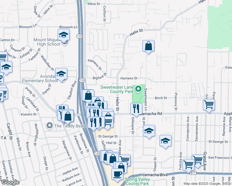 map of restaurants, bars, coffee shops, grocery stores, and more near 1302 Helix Street in Spring Valley