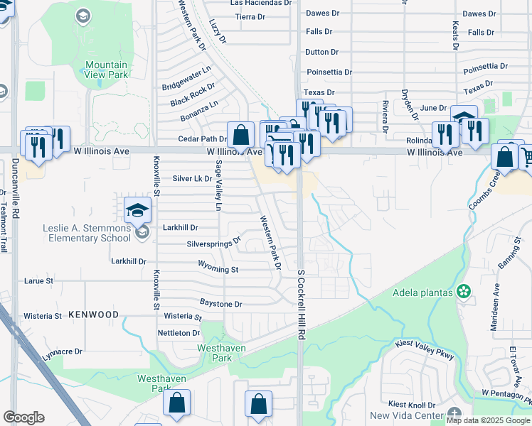 map of restaurants, bars, coffee shops, grocery stores, and more near 2508 Western Park Drive in Dallas