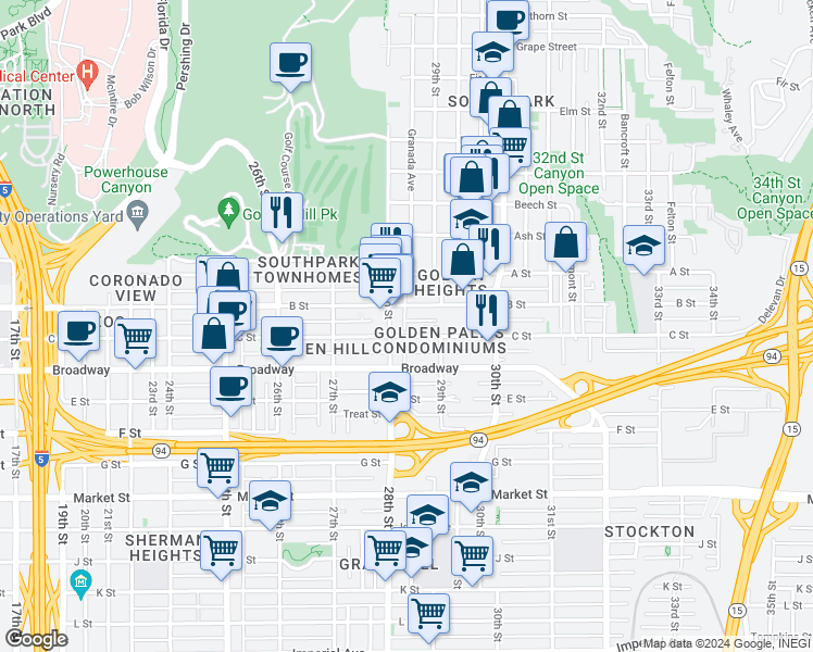 map of restaurants, bars, coffee shops, grocery stores, and more near 2828 C Street in San Diego