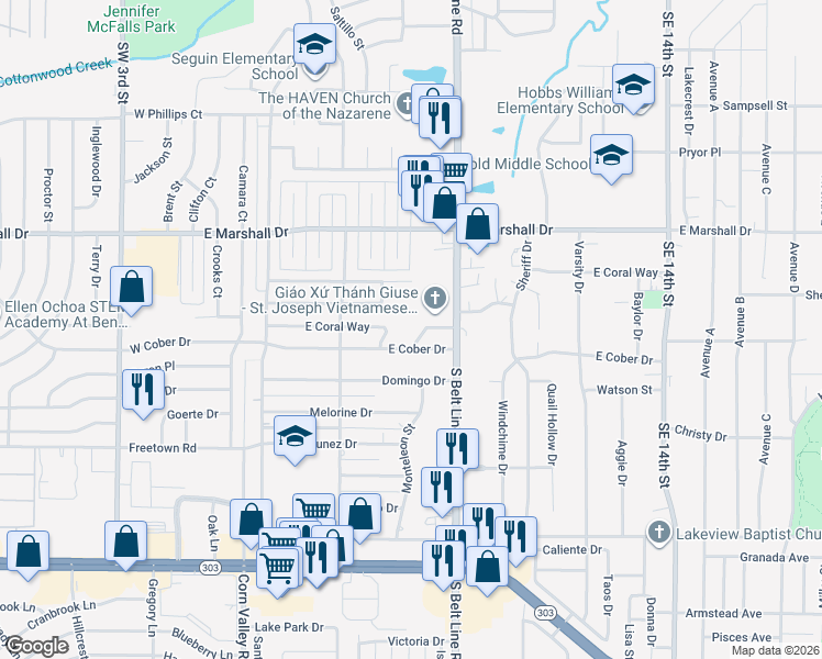 map of restaurants, bars, coffee shops, grocery stores, and more near 522 East Coral Way in Grand Prairie