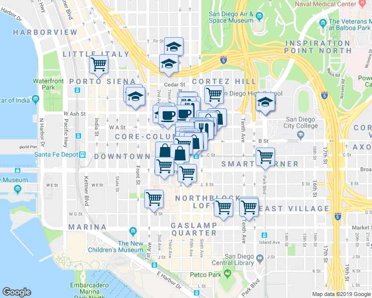 map of restaurants, bars, coffee shops, grocery stores, and more near 401 B Street in San Diego