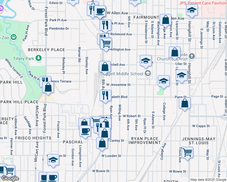 map of restaurants, bars, coffee shops, grocery stores, and more near 2321 Ryan Avenue in Fort Worth