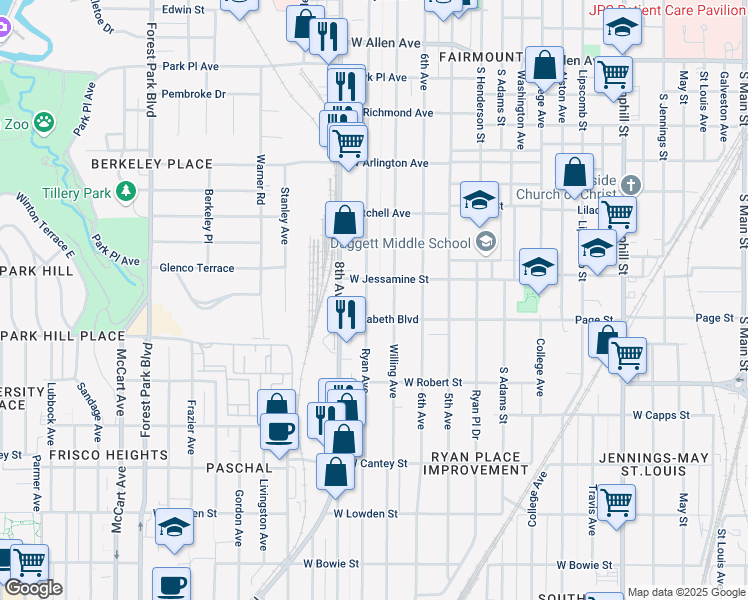 map of restaurants, bars, coffee shops, grocery stores, and more near 2321 Ryan Avenue in Fort Worth