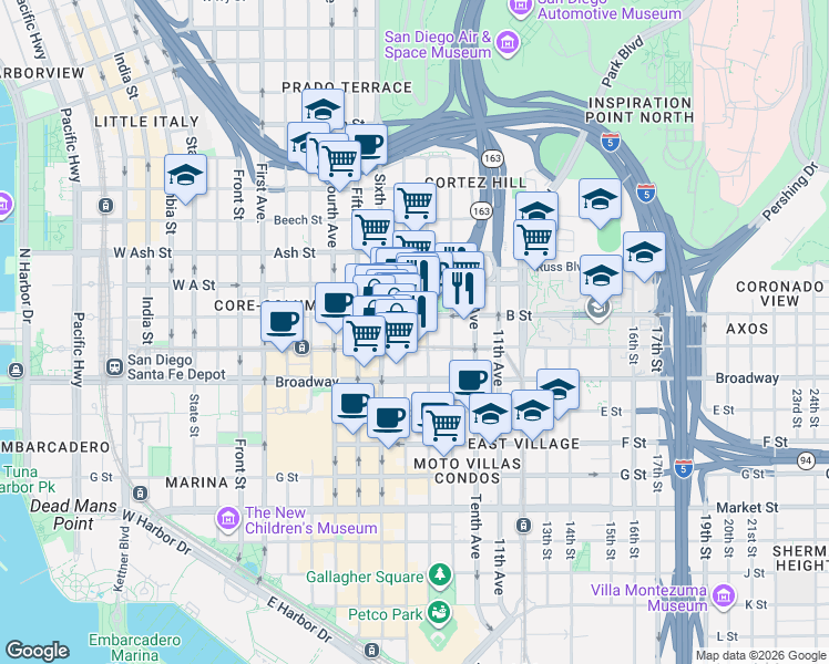 map of restaurants, bars, coffee shops, grocery stores, and more near 701 B Street in San Diego