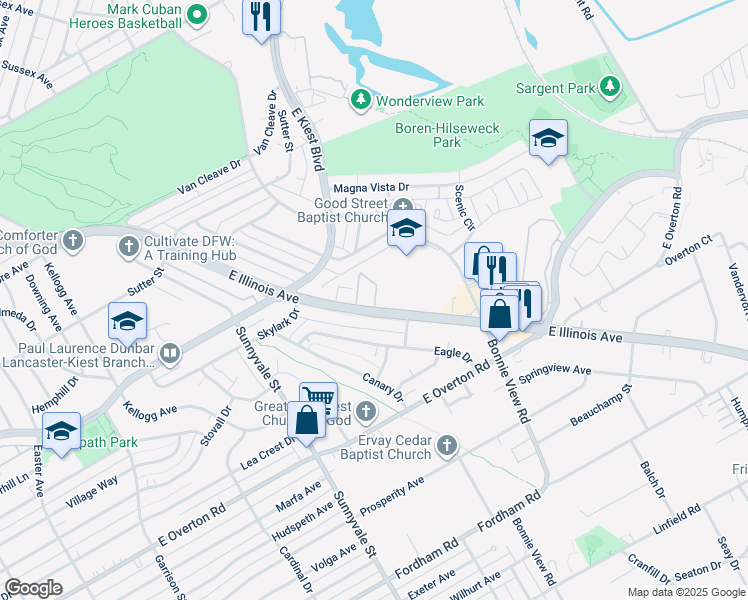 map of restaurants, bars, coffee shops, grocery stores, and more near 2625 East Illinois Avenue in Dallas