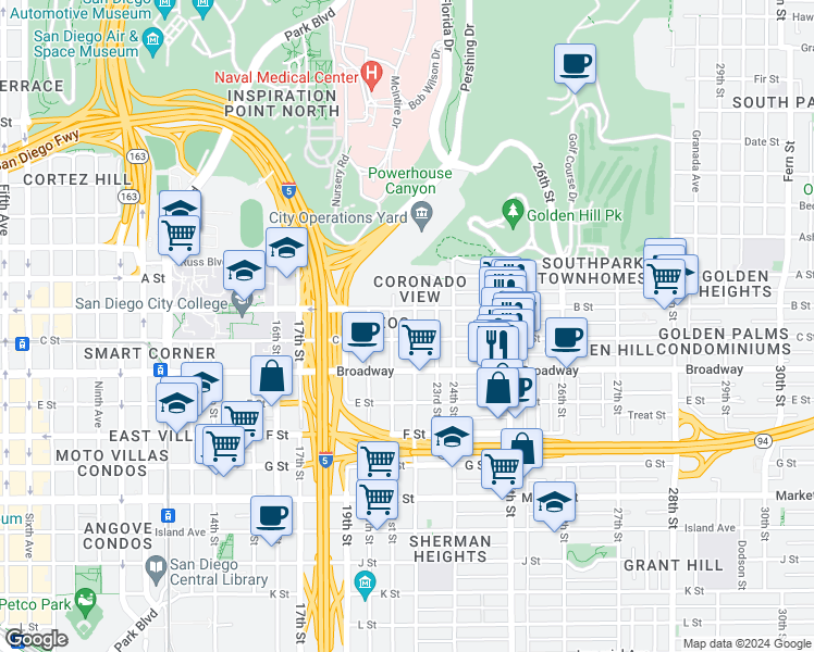 map of restaurants, bars, coffee shops, grocery stores, and more near 1138 22nd Street in San Diego