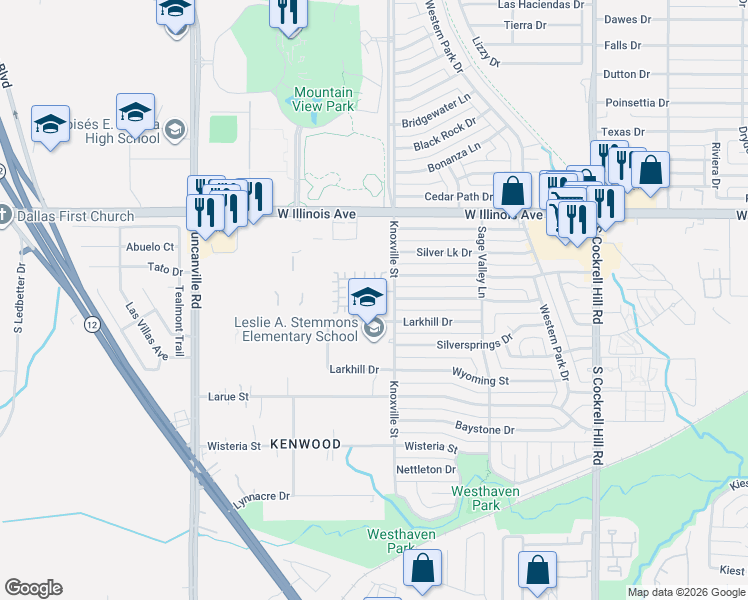 map of restaurants, bars, coffee shops, grocery stores, and more near 2201 Zaragoza Plaza in Dallas