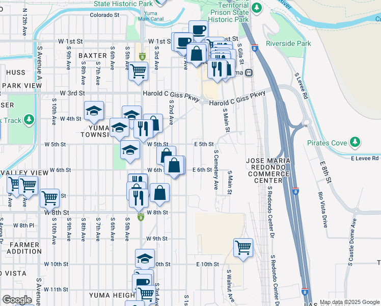 map of restaurants, bars, coffee shops, grocery stores, and more near 502 South 1st Avenue in Yuma