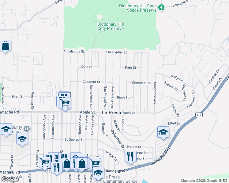 map of restaurants, bars, coffee shops, grocery stores, and more near 1316 Portola Avenue in Spring Valley