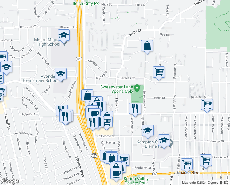 map of restaurants, bars, coffee shops, grocery stores, and more near 1350 Helix Street in Spring Valley