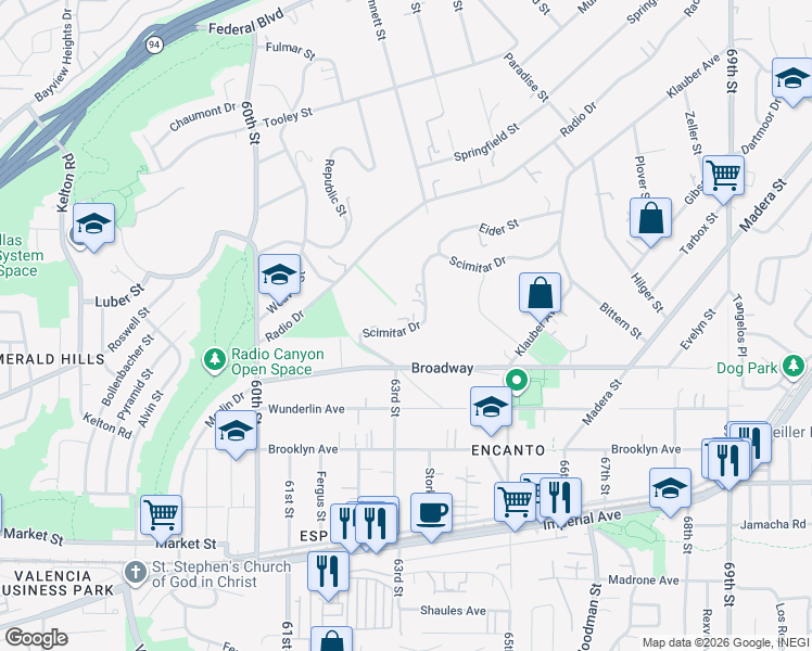 map of restaurants, bars, coffee shops, grocery stores, and more near 6359 1/2 Scimitar Drive in San Diego
