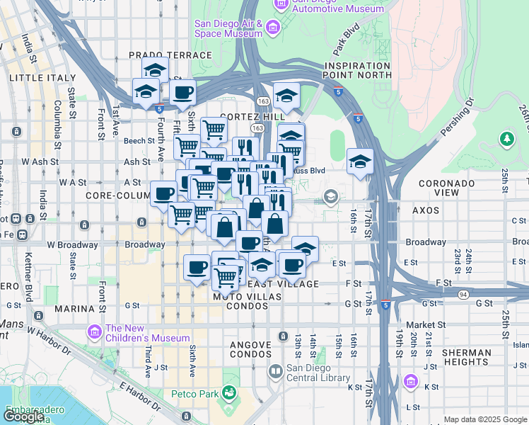 map of restaurants, bars, coffee shops, grocery stores, and more near 1112 B Street in San Diego