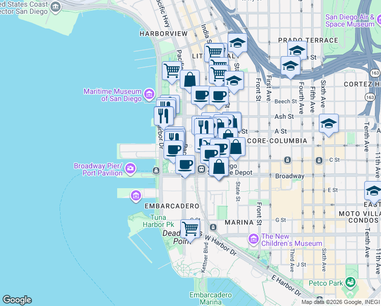 map of restaurants, bars, coffee shops, grocery stores, and more near 1199 Pacific Highway in San Diego