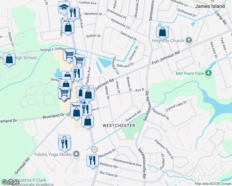 map of restaurants, bars, coffee shops, grocery stores, and more near 1310 Witter Street in Charleston