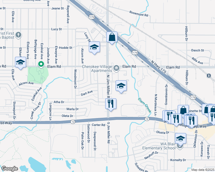 map of restaurants, bars, coffee shops, grocery stores, and more near 7035 Antler Avenue in Dallas