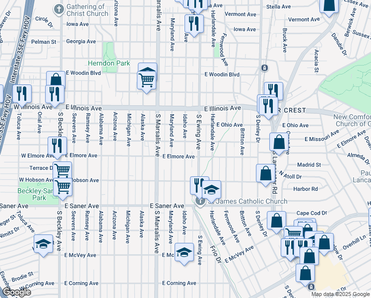 map of restaurants, bars, coffee shops, grocery stores, and more near 2429 South Ewing Avenue in Dallas