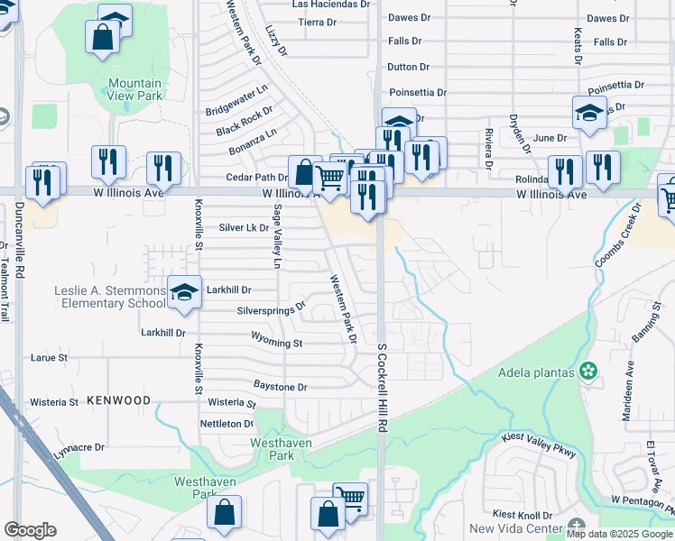 map of restaurants, bars, coffee shops, grocery stores, and more near 2508 Western Park Drive in Dallas