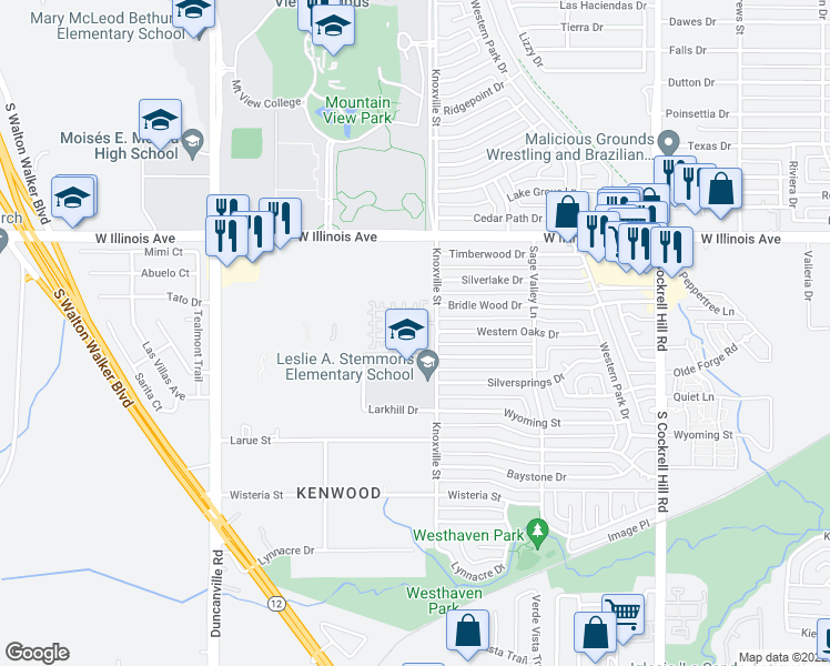 map of restaurants, bars, coffee shops, grocery stores, and more near 2201 Zaragoza Plaza in Dallas