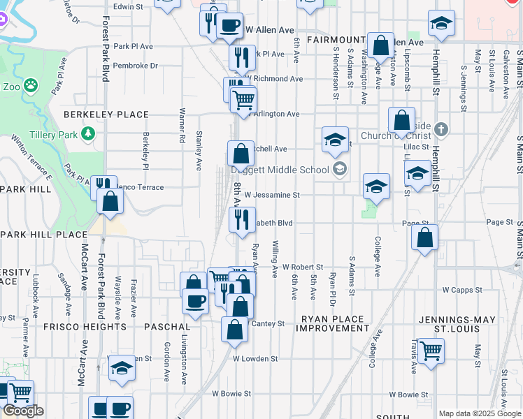 map of restaurants, bars, coffee shops, grocery stores, and more near 1461 West Jessamine Street in Fort Worth
