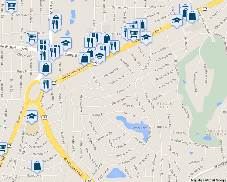 map of restaurants, bars, coffee shops, grocery stores, and more near 6737 Kirkwood Road in Fort Worth