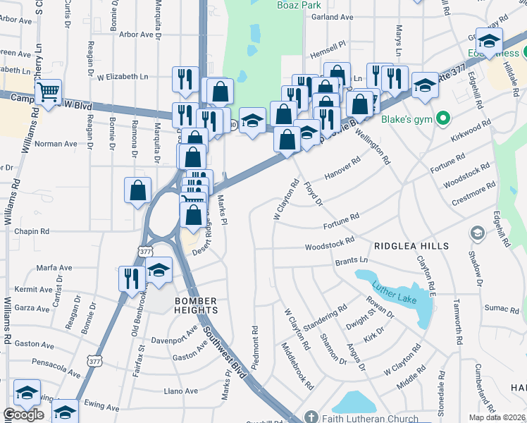 map of restaurants, bars, coffee shops, grocery stores, and more near 6912 Kirkwood Road in Fort Worth