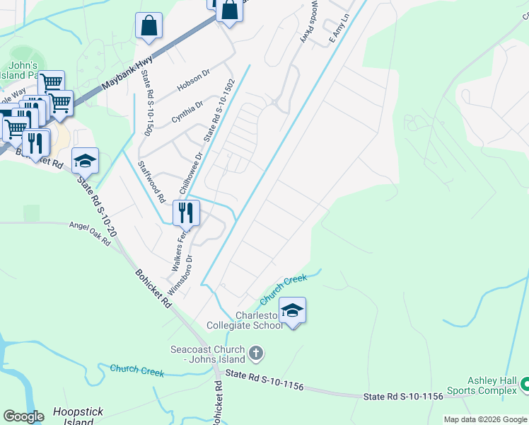 map of restaurants, bars, coffee shops, grocery stores, and more near 3504 Berryhill Road in Johns Island