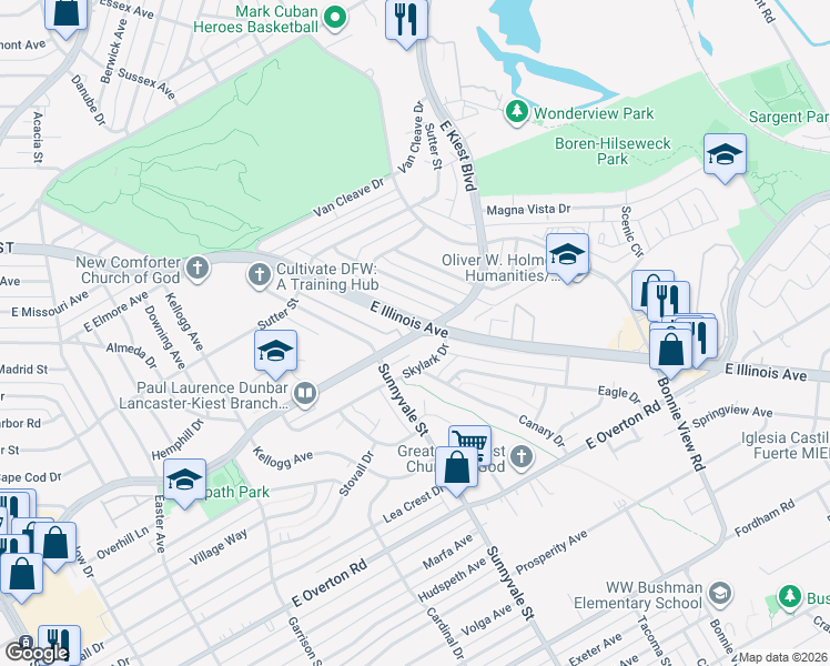 map of restaurants, bars, coffee shops, grocery stores, and more near E Kiest Blvd & Sunnyvale St in Dallas