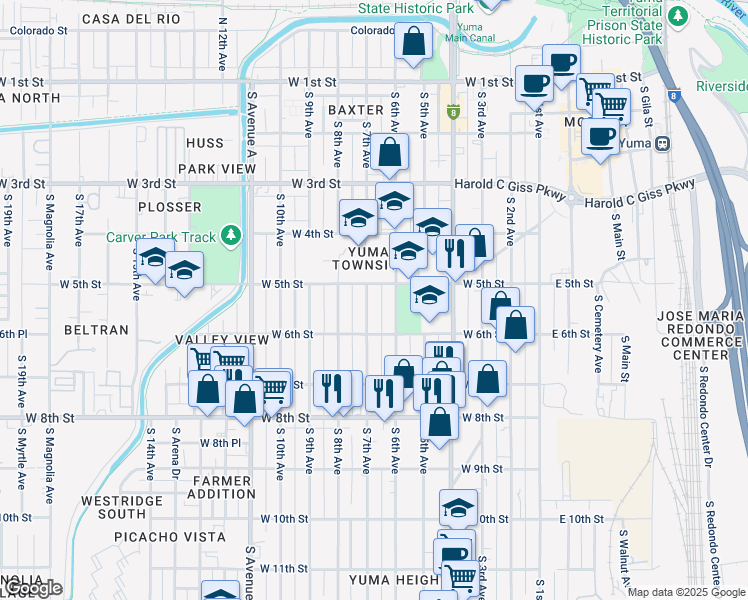map of restaurants, bars, coffee shops, grocery stores, and more near 700-748 W 5th St in Yuma