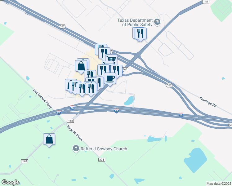 map of restaurants, bars, coffee shops, grocery stores, and more near 152 Crossroads Parkway in Terrell