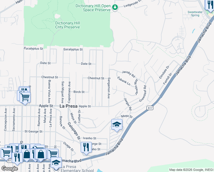 map of restaurants, bars, coffee shops, grocery stores, and more near 1317 Cuyamaca Avenue in Spring Valley