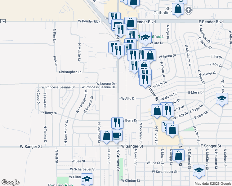map of restaurants, bars, coffee shops, grocery stores, and more near 1700 N Grimes St in Hobbs