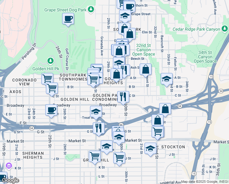map of restaurants, bars, coffee shops, grocery stores, and more near 2930 C Street in San Diego