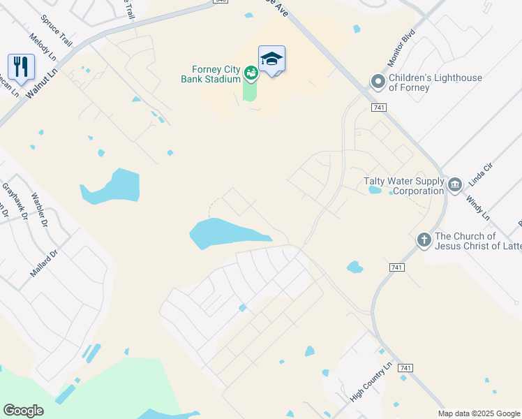 map of restaurants, bars, coffee shops, grocery stores, and more near 13889 Hollow Creek Drive in Forney