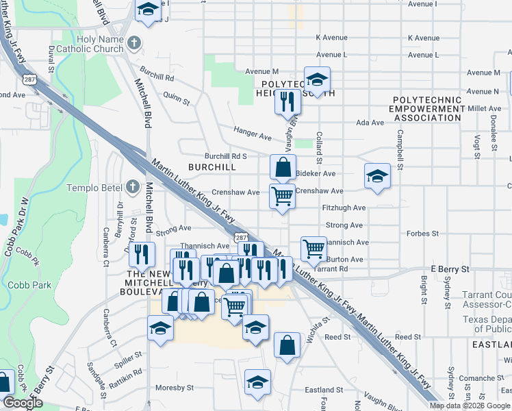 map of restaurants, bars, coffee shops, grocery stores, and more near 2928 Crenshaw Avenue in Fort Worth