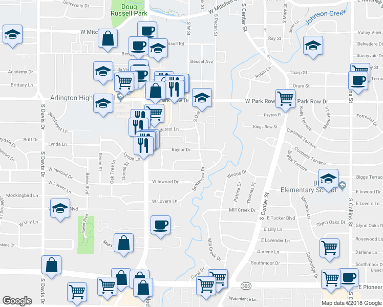 map of restaurants, bars, coffee shops, grocery stores, and more near 504 Baylor Drive in Arlington