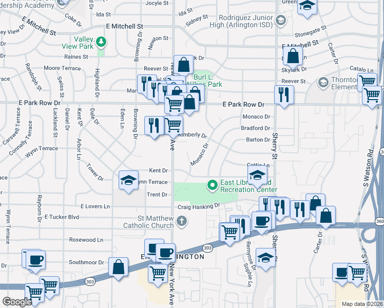 map of restaurants, bars, coffee shops, grocery stores, and more near 1651 Mignon Drive in Arlington