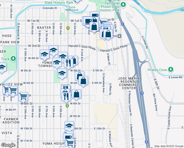 map of restaurants, bars, coffee shops, grocery stores, and more near 531 South 1st Avenue in Yuma