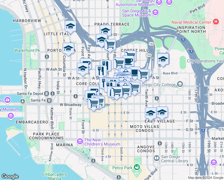 map of restaurants, bars, coffee shops, grocery stores, and more near in San Diego