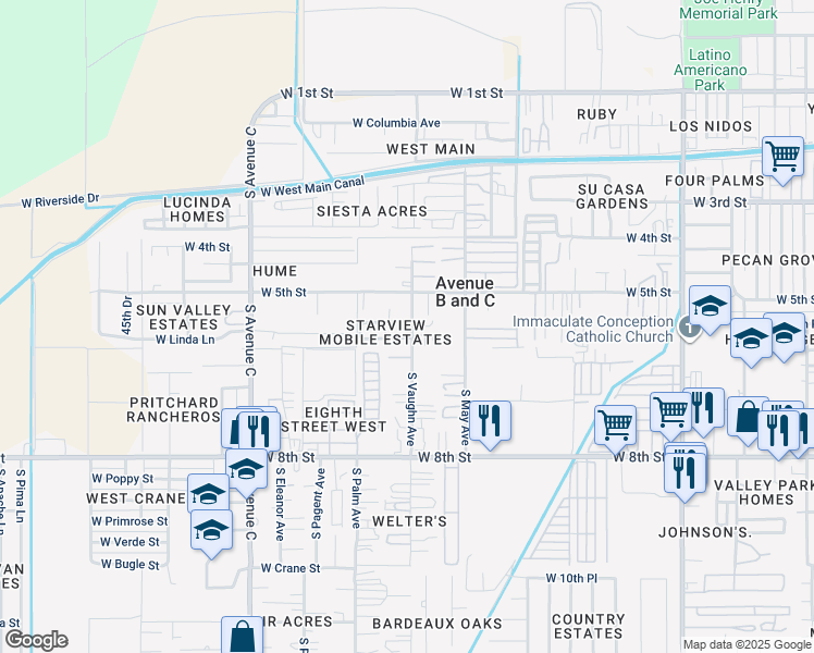 map of restaurants, bars, coffee shops, grocery stores, and more near 500-558 S Vaughn Ave in Yuma