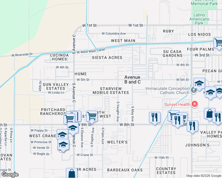 map of restaurants, bars, coffee shops, grocery stores, and more near 500-558 S Vaughn Ave in Yuma