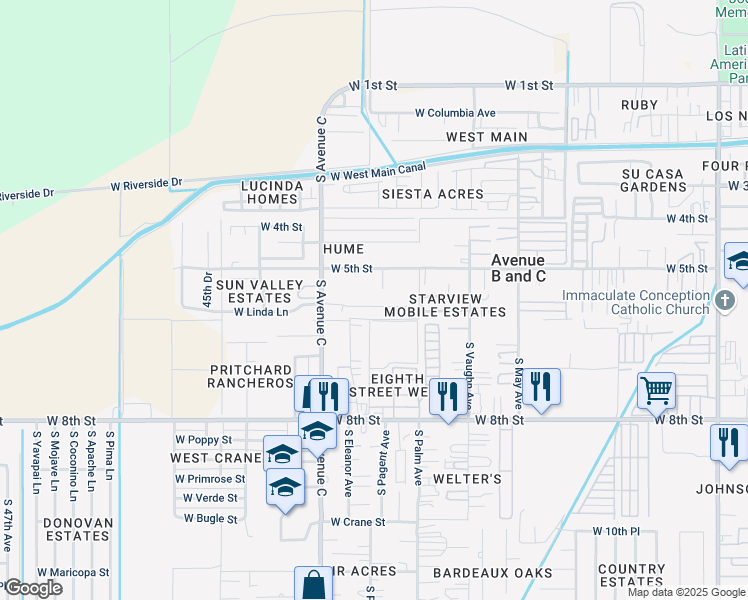 map of restaurants, bars, coffee shops, grocery stores, and more near 3651 West 5th Street in Yuma
