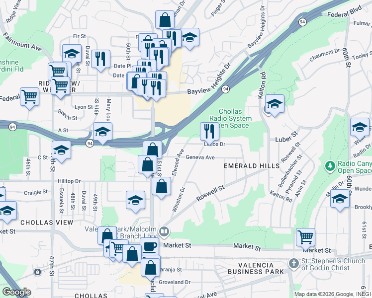 map of restaurants, bars, coffee shops, grocery stores, and more near 5188 Lenox Drive in San Diego