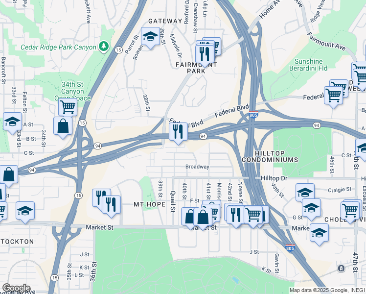 map of restaurants, bars, coffee shops, grocery stores, and more near 1120 Quail Street in San Diego