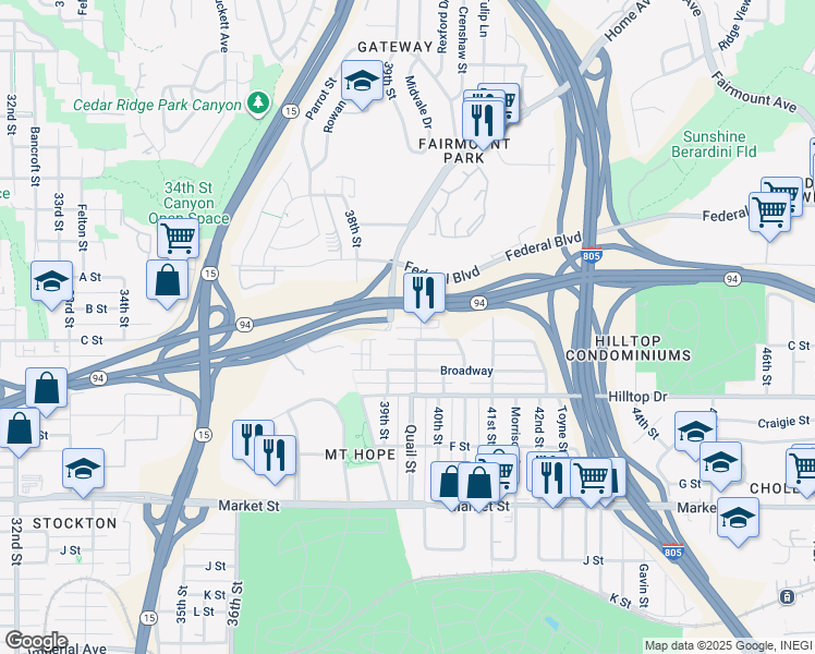 map of restaurants, bars, coffee shops, grocery stores, and more near 1120 Quail Street in San Diego
