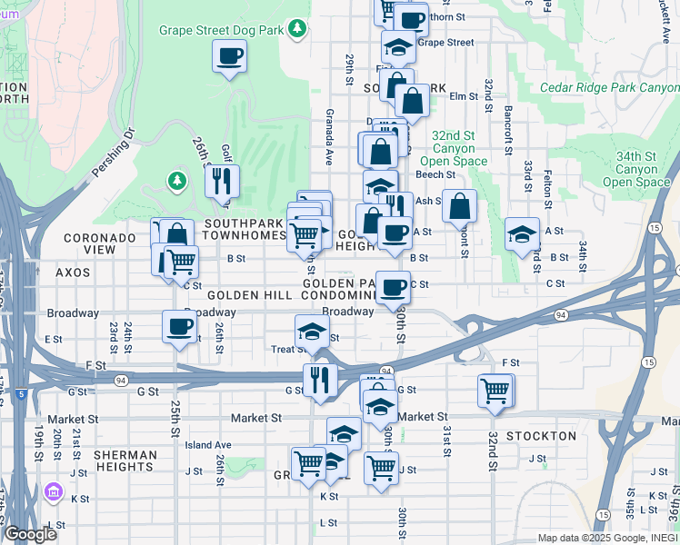 map of restaurants, bars, coffee shops, grocery stores, and more near 2874 B Street in San Diego