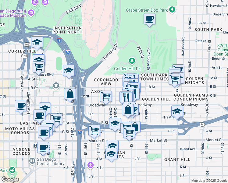 map of restaurants, bars, coffee shops, grocery stores, and more near 2406 B Street in San Diego