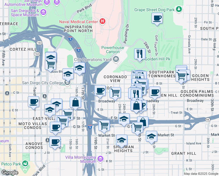 map of restaurants, bars, coffee shops, grocery stores, and more near 2208 B Street in San Diego