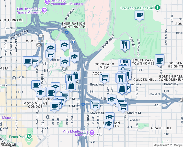 map of restaurants, bars, coffee shops, grocery stores, and more near 2021 B Street in San Diego