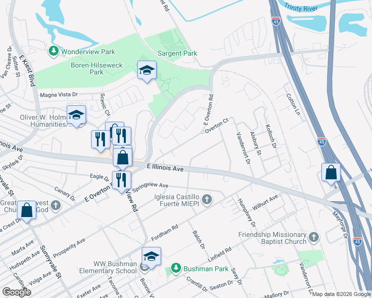 map of restaurants, bars, coffee shops, grocery stores, and more near 3315 East Overton Road in Dallas